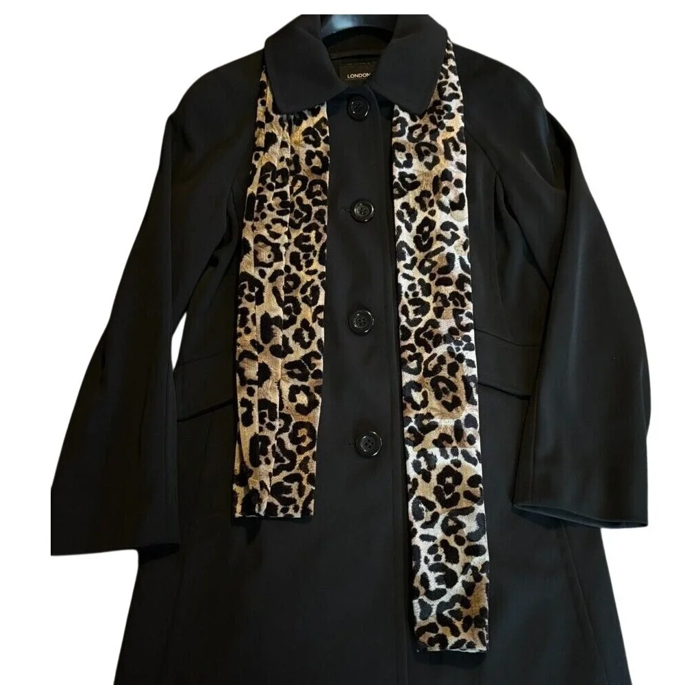 London Fog‎ Womens Black Trench Coat Detachable Leopard Scarf Small 31in Length